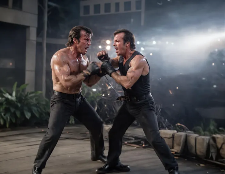 Action scene between Rocky and Die Hard, action films, HDR, ultra quality, cinematic, film grain