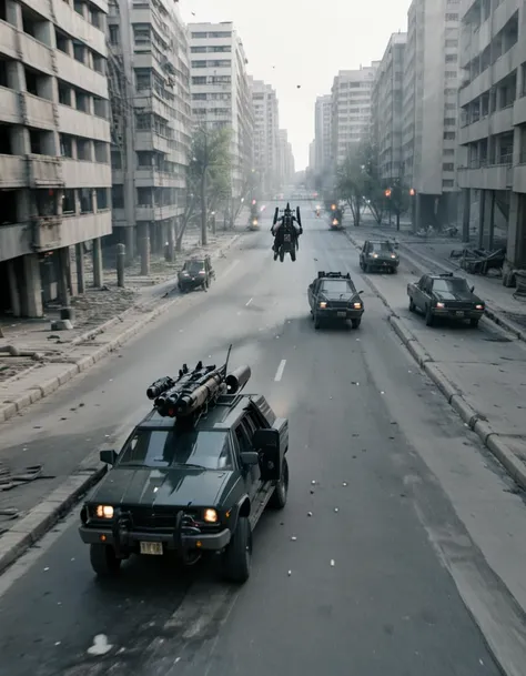 a scene from an action movie where cars are rushing down the street of the city, a man with a grenade launcher runs across the road in front of the cars,, action films