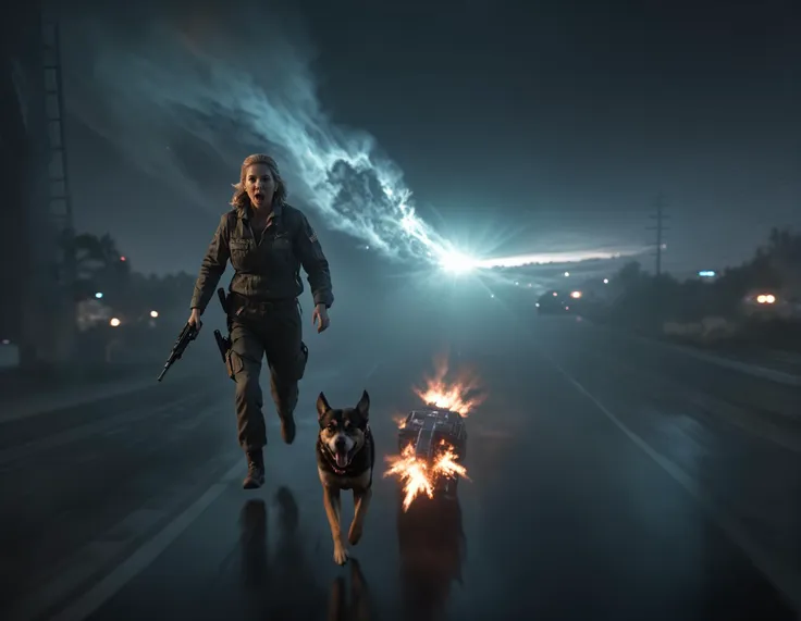 photo of a couple runs with a dog at night, call of duty 1 style, explosion, war, smoke, outer space, vanishing point, super highway, high speed, digital render, beeple, noah bradley, cyril roland, ross tran, trending on artstation, action films, HDR, ultra quality, cinematic, film grain