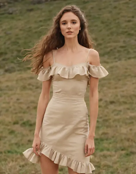 Ellen Burbidge, with her long, glistening brown hair falling gracefully around her shoulders, stands tall and confident as a soft breeze lightly ruffles the brown-eyed beauty's full body, showcasing an effortless poise that captivates all who lay eyes on this breathtaking scene. <lora:gtvkuu18e59a3ac7bt8:1>