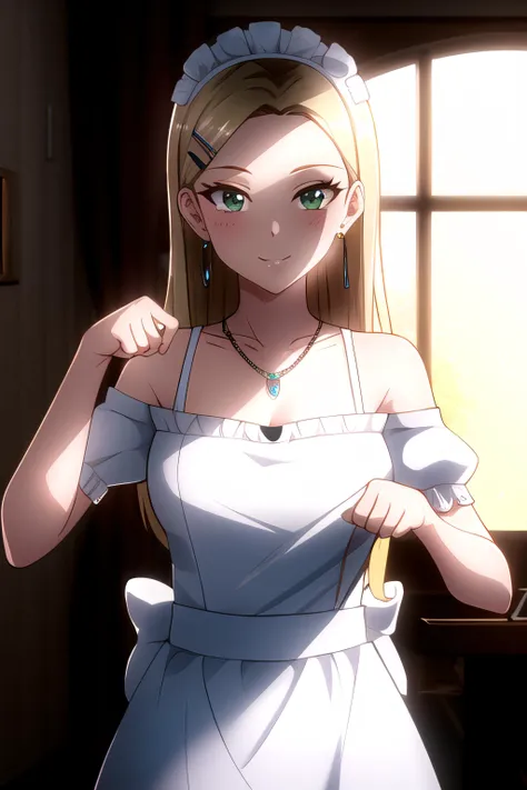 <lora:Chiffon Jahil:1> Chiffon Jahil, (dark-skinned female:0.8), blonde hair, long hair, green eyes, earrings, jewelry, necklace, hairclip, cowboy shot, maid, maid headdress, maid apron, off shoulder, smile, paw pose,, (((masterpiece, best quality, ultra-detailed, ray tracing))), deph of field, (perfect face, detailed face),shiny eyes, fair skin,((high quality face, soft skin )), (collarbone, cinematic light, cinematic shadow),
