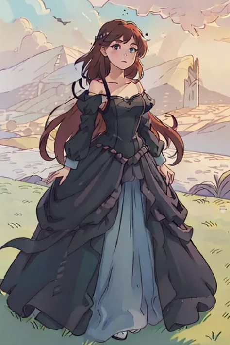 ((best quality)), ((masterpiece)), (detailed),  ethereal beauty, (fantasy illustration:1.3), enchanting gaze, captivating pose, soft colors, (detailed cloudscape:1.3), (high-resolution:1.2), freckles,  solo, girl, looking at viewer, half body, view from knees up, standing, standing straight, girl in full view, solid background, high definition, best quality, masterpiece, close up, small breasts, auburn hair, ball gown, black dress, black ball gown, <lora:Ball_gowns:1.2>