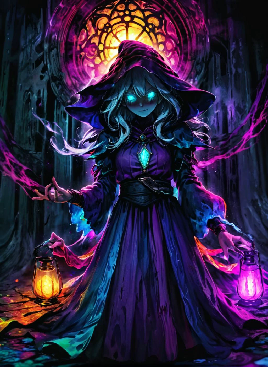 female, fantasy setting background, mage, HD, chromatic aberration, colorful, bright colors,, gloomy colors, dark aura, horror
