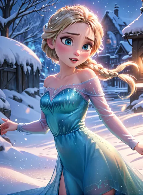 elsa from frozen playing in the snow, (masterpiece), best quality, highres, 4k, 8k, cinematic lighting, amazing quality, amazing shading, soft lighting