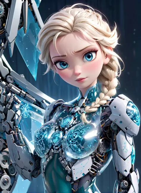 elsa from frozen as a mecha, mecha, (solo:1.3), (glass skin with mechanical parts inside), HD