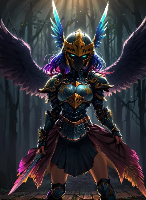 ((full body shot, Top Quality, 8k, Masterpiece: 1.3)), Crisp Focus: 1.2, a stunningly beautiful warrior with giant blue angel wings holding a sword, solo, dark complex hair, black and gold armor, in front of giant metal centipede.