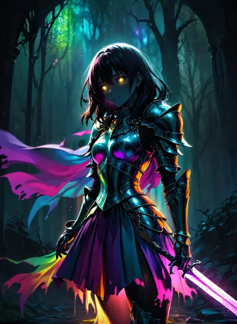 female, fantasy setting background, magic knight, HD, chromatic aberration, colorful, bright colors,, gloomy colors, dark aura, horror