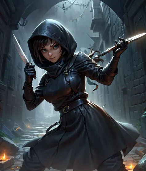 hd, fantasy background, thief holding a knife