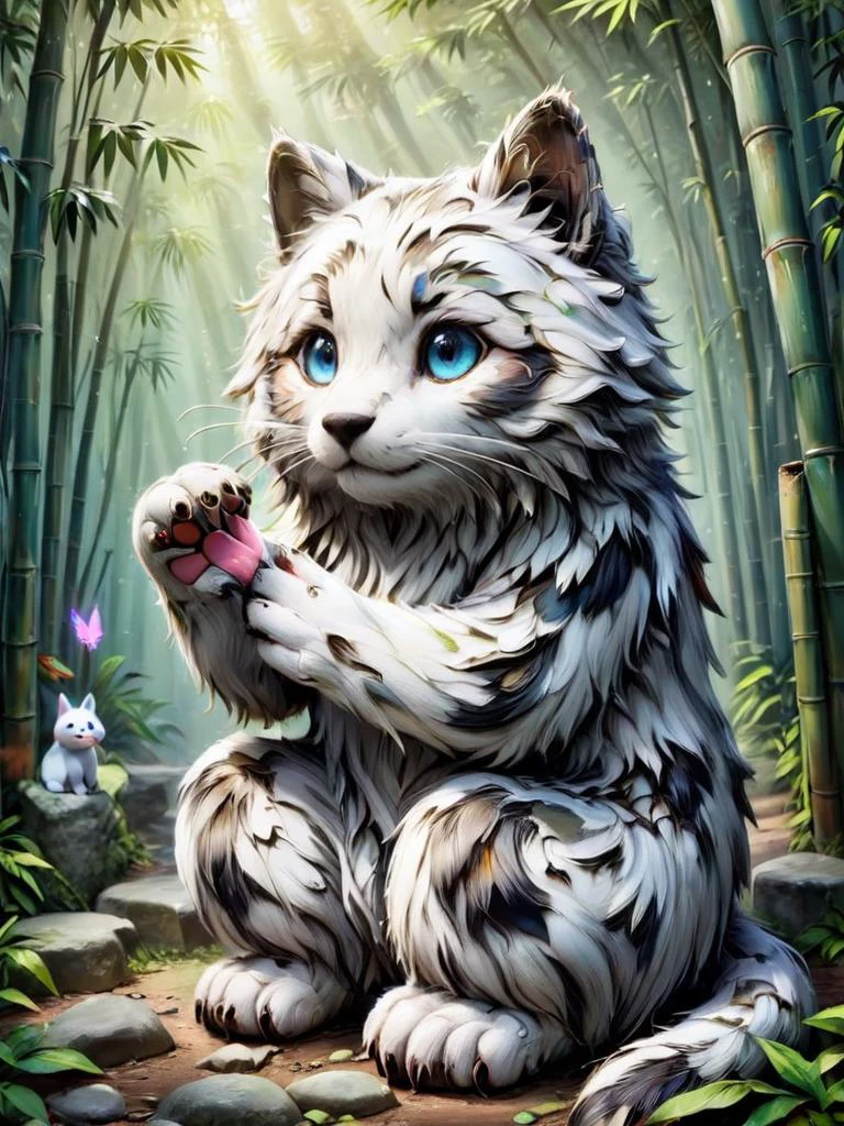 otherworldly, Enchanting, gentle will-o'-the-wisps, with fluffy manes and playful paws, with a bamboo forest in the background made of ais-olde, intricate details, colorful, magical <lora:Old_Style_SDXL:0.8>