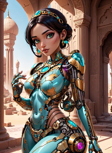 mecha princess jasmine from aladin, (glass skin with mechanical parts inside), cyborg, mechanical parts BREAK cyberpunk sahara palace, HD