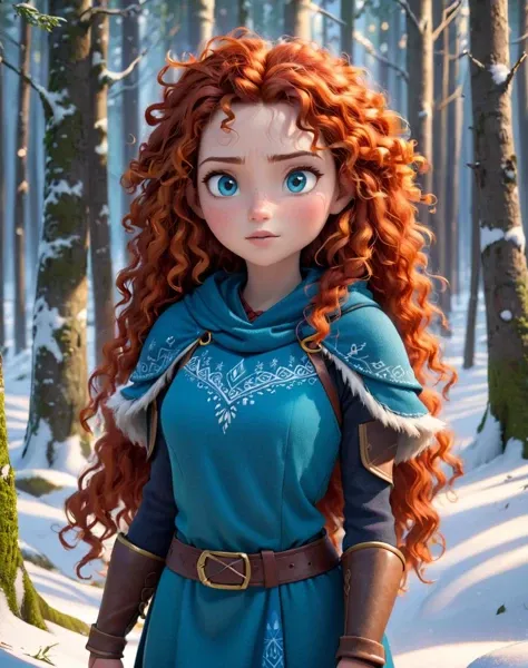 3d render, merida from brave, (masterpiece), best quality, highres, 4k, 8k, cinematic lighting, amazing quality, amazing shading, soft lighting, snowy forest, Standing tall pose, ultra detailed skin, ultra detailed face, perfect eyes, small skin imperfections