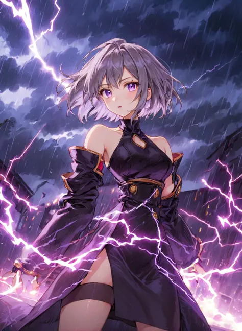 <lora:Final_Fantasy_Tactics_XLv2:1> a female, (masterpiece), best quality, highres, 4k, 8k, intricate detail, cinematic lighting, amazing quality, amazing shading, soft lighting, Detailed Illustration, official artwork, anime style, wallpaper, official art, 1girl, Blunt haircut, medium boobs, Compact body, purple eyes, Steel gray hair, surrounded by lightning, energy surge, floating hair, hero pose, emanating light, lightning eyes, glowing particles, at night, shrouded in darkness, stormy sky, full body, floating mid air, surrounded by sparks