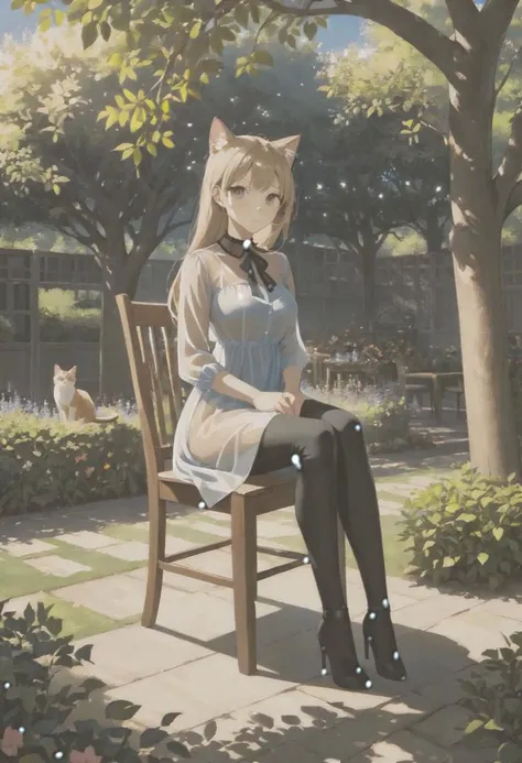 blue sky, sunlit, weak light and shadows, tree, in the beautiful bloom garden, 1woman with beautiful face, see-through dress shirt an black leggings, she is sitting on wood long chair with on one cat