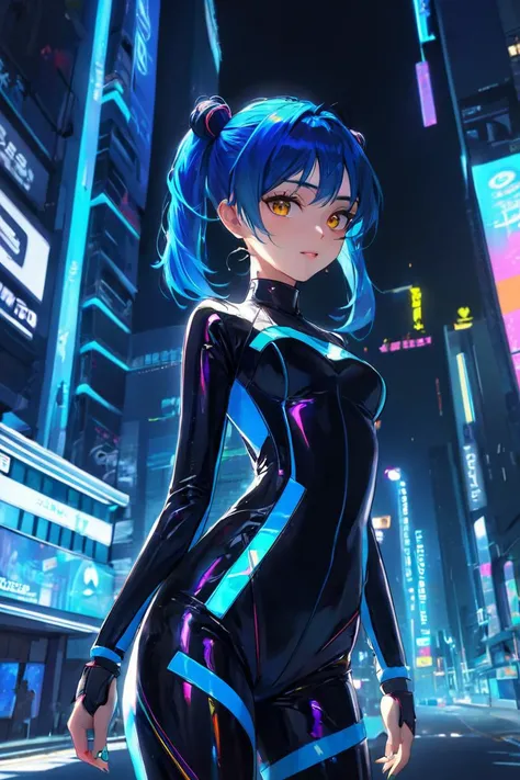 extreemely detailed, neon lights, wearing a full body latext suit, sexy, cyberpunk city, night, chromatic aberration, colorful lighting conditions, oily skin, dynamic angle, high definition photo, ultra detailed skin, ultra detailed face, small skin imperfections, 1girl, Top knot, medium boobs, Slim body, hazel eyes, Blue hair