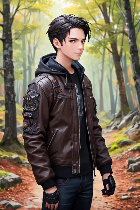 a male hero from rpg game, walking, wearing leather jacket
colorful background, exploring temble ruins in the forest, high definition photo, ultra detailed skin, ultra detailed face, small skin imperfections