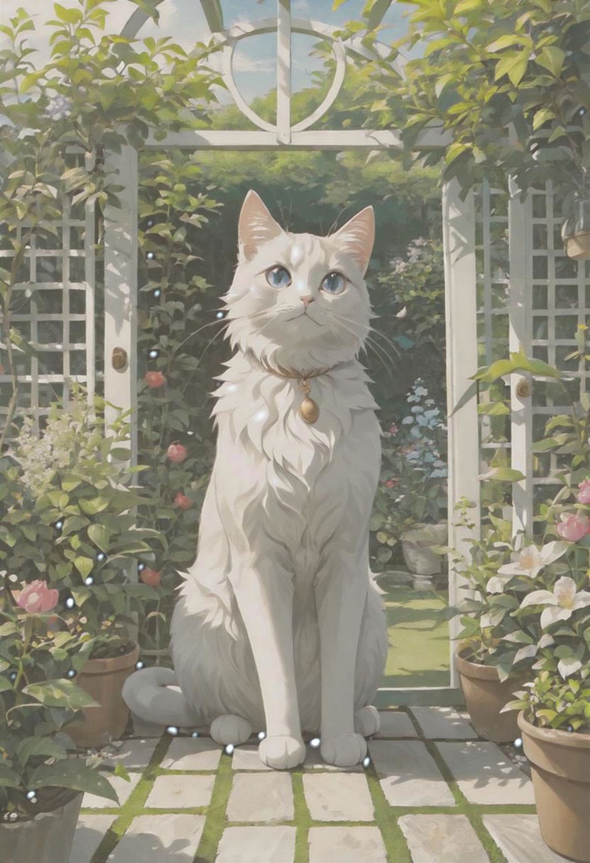 Painting of a white cat sitting in a garden with flowers - SeaArt AI