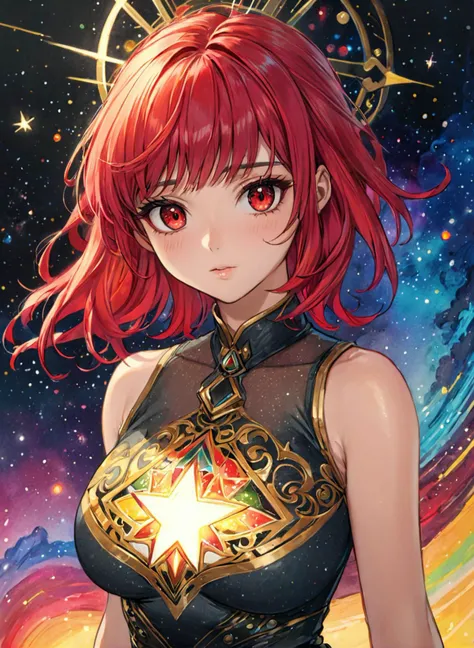 (masterpiece), best quality, highres, 4k, 8k, intricate detail, cinematic lighting, amazing quality, amazing shading, soft lighting, Detailed Illustration, official artwork, anime style, wallpaper, official art, ultra detailed skin, ultra detailed face, perfect eyes, small skin imperfections, chromatic aberration, colorful, bright colors,, 1girl, Side-swept bangs, large boobs, Muscular body, red eyes, Iridescent rainbow hair, (cosmic explorer gazing upon a supernova up close from her star-bound ship) ((encaustic:1.4), (printmaking:1.2), (colored graphite:1.4), (acrylics:1.2), (watercolor:1.2), (filigree:1.0):1.2) (rough sketch) , concept art, digital art, illustration, league of legends style concept art, inspired by wlop style, 35mm, analog style, a realistic photo, film grain, (photorealistic:0.6), taken by a canon eos r5