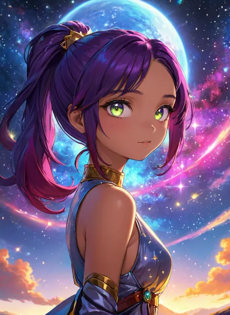 (masterpiece), best quality, highres, 4k, 8k, intricate detail, cinematic lighting, amazing quality, amazing shading, soft lighting, Detailed Illustration, official artwork, anime style, wallpaper, official art, ultra detailed skin, ultra detailed face, perfect eyes, small skin imperfections, chromatic aberration, colorful, bright colors,, 1girl, Ponytail, small saggy boobs, thicc body, silver eyes, Maroon hair, vibrant cosmic landscape where a radiant female figure is adorned in luminescent attire, embodying the ethereal beauty of the universe., wizard