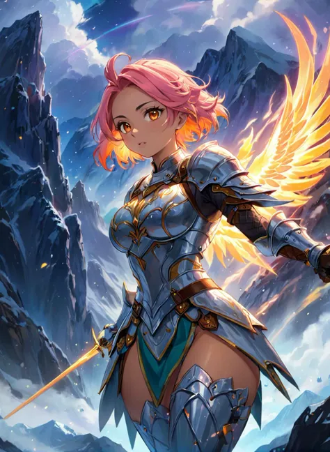 (masterpiece), best quality, highres, 4k, 8k, intricate detail, cinematic lighting, amazing quality, amazing shading, soft lighting, Detailed Illustration, official artwork, anime style, wallpaper, official art, ultra detailed skin, ultra detailed face, perfect eyes, small skin imperfections, chromatic aberration, colorful, bright colors,, 1girl, Updo, medium boobs, Athletic body, orange eyes, Pastel pink hair, epic fantasy realm with a powerful female warrior standing atop a mountain, surrounded by swirling auroras and mythical creatures, emanating strength and beauty, knight