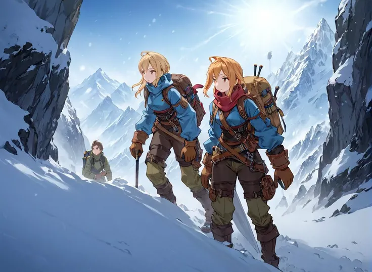 <lora:Final_Fantasy_Tactics_XLv2:1> adventurers on an expedition to climb a snowy summit, (masterpiece), best quality, highres, 4k, 8k, intricate detail, cinematic lighting, amazing quality, amazing shading, soft lighting, Detailed Illustration, official artwork, anime style, wallpaper, official art