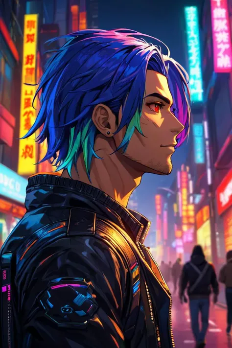 a muscular man, wearing cyberpunk clothes, walking, colored hair, red eyes,
neon lights, chromatic aberration, dynamic angle,
colorful background, cyberpunk city in background, high definition photo, ultra detailed skin, ultra detailed face, small skin imperfections