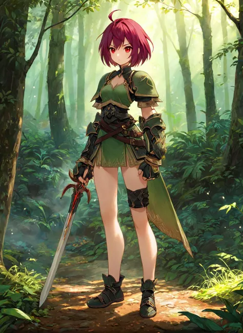 multicoloRedhead(Brown Hair, Purple Hair, Redhead, Dark blue hair), Messy Hair, Floating Hair, Put goggles on your hat, Long pointy ears, Modern, Shine, Textured skin, masterpiece, Accurate, Super Detail, Highest quality, High resolution, Attention to detail, Swing the whip, Hunting with a whip, in the forest, Wearing green clothes, Leather Armor, Leather boots