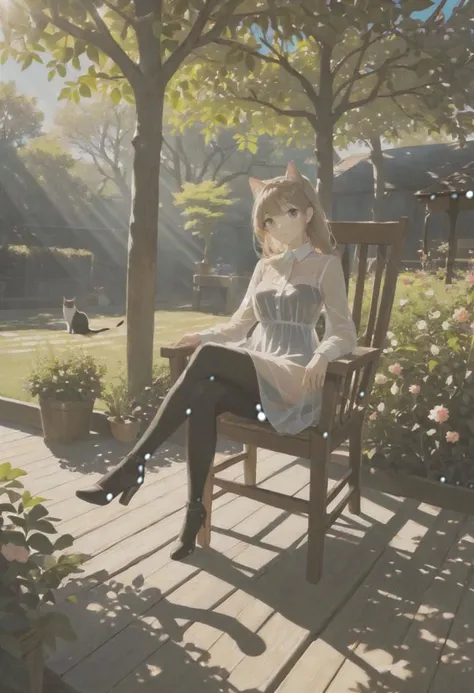 blue sky, , tree, in the beautiful bloom garden, 1woman with beautiful face, see-through dress shirt an black leggings, she is sitting on wood long chair with on one cat,sunlit, weak light and shadows