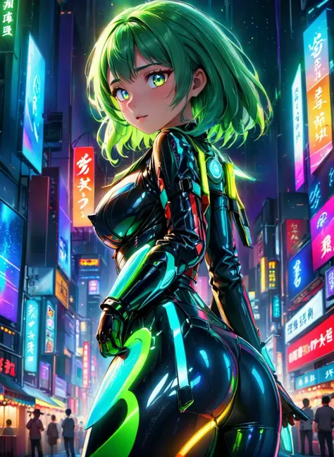 ((Ethereal, fluorescent colors, neon lights, bioluminiscent skin,)), aurora_borealis, vibrant colors BREAK steampunk BREAK full body, 3d render BREAK, (masterpiece), best quality, highres, 4k, 8k, cinematic lighting, amazing quality, amazing shading, soft lighting, futuristic cityscape where a tech-savvy heroine stands on the edge of a skyscraper, overlooking a metropolis illuminated by holographic displays and cascading streams of vibrant data, at a japanese summer festival, 1girl, Shag haircut, medium boobs, Chubby body, multi colored eyes, Green hair, artificer, intricate detail, extremely detailed, Illustration, official artwork, anime style, wallpaper, official art, 35mm, analog style, a realistic photo, film grain, (photorealistic:0.6), taken by a canon eos r5, ultra detailed skin, ultra detailed face, perfect eyes, small skin imperfections, chromatic aberration, colorful, bright colors,, earth spirit