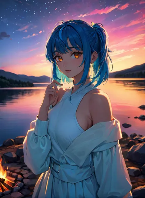 1girl, Curtain bangs, saggy breasts, Chubby body, dark eyes, Electric blue hair, ultra detailed skin, ultra detailed face, perfect eyes, small skin imperfections, monk, chromatic aberration, colorful, bright colors,, 35mm, analog style, a realistic photo, film grain, (photorealistic:0.6), taken by a canon eos r5, high quality fingers, normal hands, detailed fingers,(22 years old woman), beautiful face, perfect illumination, beautiful detailed eyes,looking at viewer, stunningly beautiful woman, detailed hairstyle, (( campfire,night time, lake)), outdoors, (full body:1.5), amazing night sky, (masterpiece), best quality, highres, 4k, 8k, intricate detail, cinematic lighting, amazing quality, amazing shading, soft lighting