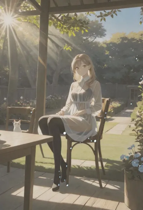 blue sky, , tree, in the beautiful bloom garden, 1woman with beautiful face, see-through dress shirt an black leggings, she is sitting on wood long chair with on one cat,sunlit, weak light and shadows