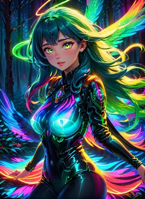 (((Ethereal, fluorescent colors, neon lights, bioluminiscent skin,))), aurora_borealis, vibrant colors BREAK steampunk BREAK full body, 3d render BREAK, (masterpiece), best quality, highres, 4k, 8k, cinematic lighting, amazing quality, amazing shading, soft lighting, light particles floating, kneeling in the forest watching spirits, eerie aura, chromatic aberration, colorful forest lights during night time, oily skin,dynamic angle, colorful glowing flowers, night,hair ornament, intrincate clothing, sexy, flower field, 1girl, Long layers, medium boobs, Tall body, hazel eyes, Turquoise hair, witch, intricate detail, extremely detailed, Illustration, official artwork, anime style, wallpaper, official art, 35mm, analog style, a realistic photo, film grain, (photorealistic:0.6), taken by a canon eos r5, ultra detailed skin, ultra detailed face, perfect eyes, small skin imperfections, chromatic aberration, colorful, bright colors,, magma angel