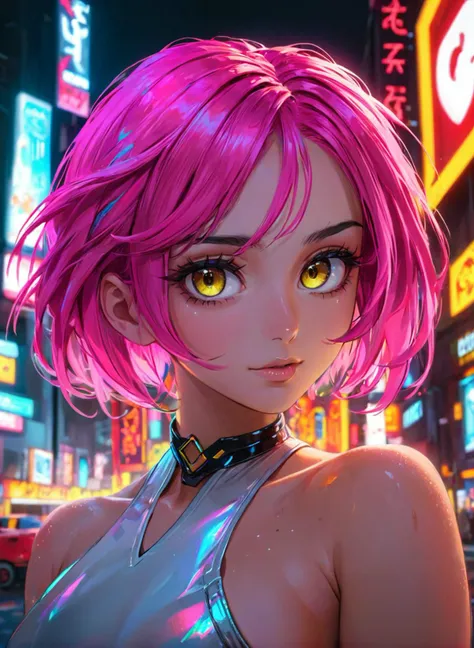 1girl, Updo, saggy breasts, Muscular body, golden eyes, Neon pink hair, ultra detailed skin, ultra detailed face, perfect eyes, small skin imperfections, ranger, chromatic aberration, colorful, bright colors,, 35mm, analog style, a realistic photo, film grain, (photorealistic:0.6), taken by a canon eos r5, dynamic scene set in a cyberpunk-inspired world, featuring a fearless cybernetic heroine amidst neon-lit streets and holographic billboards, showcasing a blend of strength and grace, (masterpiece), best quality, highres, 4k, 8k, intricate detail, cinematic lighting, amazing quality, amazing shading, soft lighting