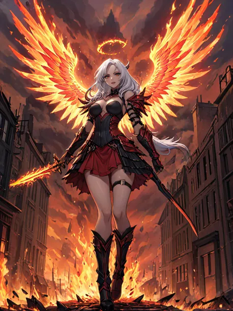 a demonic angel with a sword and wings in a dark city with flames and smokes behind her, on a cloudy day, Anne Stokes, magic the gathering artwork, concept art, altermodern,1girl, angel wings, armor, bird, blood, boots, building, cloud, embers, feathered wings, fire, holding, holding weapon, long hair, molten rock, orange sky, polearm, red sky, red theme, ruins, sky, solo, sunset, weapon, white hair, white wings, wings
 <lora:MomovabiXLV1:1> momobavi<lora:LCMTurboMix_Euler_A_fix:1.0>