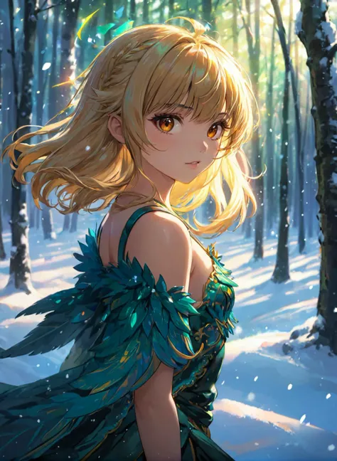 (masterpiece), best quality, highres, 4k, 8k, intricate detail, cinematic lighting, amazing quality, amazing shading, soft lighting, Detailed Illustration, official artwork, anime style, wallpaper, official art, chromatic aberration, colorful, bright colors,, assasin, 1girl, Side-swept bangs, small boobs, flat chest, Broad-shouldered body, brown eyes, Blonde highlights hair, wind faerie, Walking pose, snowy forest