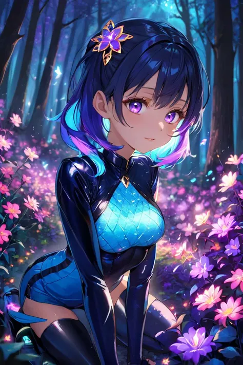 extreemely detailed, light particles floating, kneeling in the forest watching spirits, eerie aura,
chromatic aberration, colorful forest lights during night time, oily skin,
dynamic angle, colorful glowing flowers, night,
hair ornament, intrincate clothing, sexy, high definition photo, ultra detailed skin, ultra detailed face, small skin imperfections, 1girl, Half-up, half-down hairstyle, medium boobs, Fit body, purple eyes, Electric blue hair