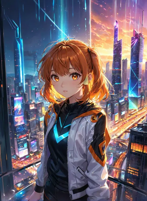 (masterpiece), best quality, highres, 4k, 8k, intricate detail, cinematic lighting, amazing quality, amazing shading, soft lighting, Detailed Illustration, official artwork, anime style, wallpaper, official art, ultra detailed skin, ultra detailed face, perfect eyes, small skin imperfections, chromatic aberration, colorful, bright colors,, 1girl, Curtain bangs, small saggy boobs, Skinny body, orange eyes, Bronze hair, futuristic cityscape where a tech-savvy heroine stands on the edge of a skyscraper, overlooking a metropolis illuminated by holographic displays and cascading streams of vibrant data, druid