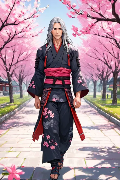 a muscular man, samurai, long hair, walking, gray hair, silver eyes, facing viewer,
chromatic aberration, dynamic angle, full body
japansese temple in background, under a sakura tree, high definition photo, ultra detailed skin, ultra detailed face, small skin imperfections