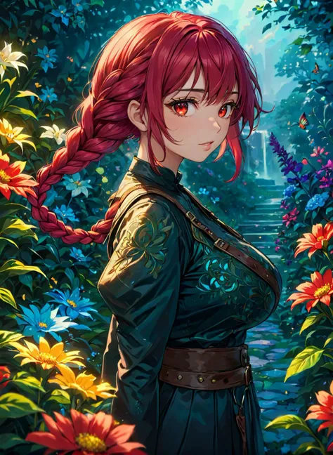 (masterpiece), best quality, highres, 4k, 8k, intricate detail, cinematic lighting, amazing quality, amazing shading, soft lighting, Detailed Illustration, official artwork, anime style, wallpaper, official art, ultra detailed skin, ultra detailed face, perfect eyes, small skin imperfections, chromatic aberration, colorful, bright colors,, 1girl, Side braid, large boobs, Voluptuous body, red eyes, Teal hair, visually stunning scene featuring a captivating woman surrounded by an enchanting garden of surreal, bioluminescent flowers in an otherworldly twilight setting, ranger