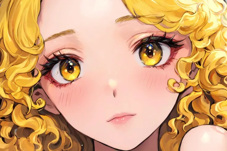 <lora:Hyung-Tae kim style XL v2.0:1.25> a woman, chromatic aberration, face closeup, multicolored eyes, glossy lips, egirl, high definition photo, ultra detailed skin, ultra detailed face, small skin imperfections, 1girl, Curly hair, small boobs, flat chest, Lean body, dark eyes, Canary yellow hair