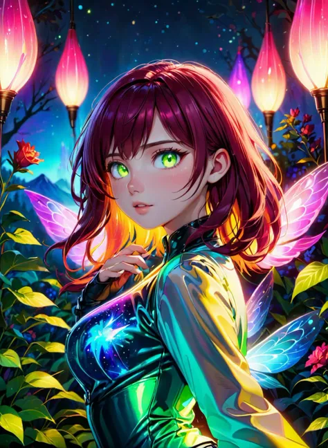 ((Ethereal, fluorescent colors, neon lights, bioluminiscent skin,)), aurora_borealis, vibrant colors BREAK steampunk BREAK full body, 3d render BREAK, (masterpiece), best quality, highres, 4k, 8k, cinematic lighting, amazing quality, amazing shading, soft lighting, visually stunning scene featuring a captivating woman surrounded by an enchanting garden of surreal, bioluminescent flowers in an otherworldly twilight setting, mountain summit, 1girl, Blunt haircut, small boobs, flat chest, Chubby body, silver eyes, Maroon hair, templar, intricate detail, extremely detailed, Illustration, official artwork, anime style, wallpaper, official art, 35mm, analog style, a realistic photo, film grain, (photorealistic:0.6), taken by a canon eos r5, ultra detailed skin, ultra detailed face, perfect eyes, small skin imperfections, chromatic aberration, colorful, bright colors,, normal faerie