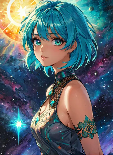 nsfw, full body, focus on legs, (masterpiece), best quality, highres, 4k, 8k, intricate detail, cinematic lighting, amazing quality, amazing shading, soft lighting, Detailed Illustration, official artwork, anime style, wallpaper, official art, ultra detailed skin, ultra detailed face, perfect eyes, small skin imperfections, chromatic aberration, colorful, bright colors,, 1girl, Pixie cut, saggy breasts, Heavyset body, multi colored eyes, Turquoise hair, (cosmic explorer gazing upon a supernova up close from her star-bound ship) ((encaustic:1.4), (printmaking:1.2), (colored graphite:1.4), (acrylics:1.2), (watercolor:1.2), (filigree:1.0):1.2) (rough sketch) , concept art, digital art, illustration, league of legends style concept art, inspired by wlop style, 35mm, analog style, a realistic photo, film grain, (photorealistic:0.6), taken by a canon eos r5