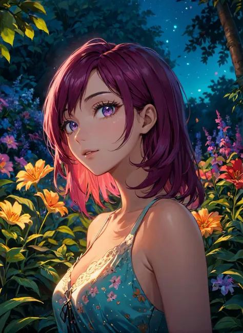 (masterpiece), best quality, highres, 4k, 8k, intricate detail, cinematic lighting, amazing quality, amazing shading, soft lighting, Detailed Illustration, official artwork, anime style, wallpaper, official art, ultra detailed skin, ultra detailed face, perfect eyes, small skin imperfections, chromatic aberration, colorful, bright colors,, 1girl, Long layers, small saggy boobs, Lean body, black eyes, Maroon hair, visually stunning scene featuring a captivating woman surrounded by an enchanting garden of surreal, bioluminescent flowers in an otherworldly twilight setting, 35mm, analog style, a realistic photo, film grain, (photorealistic:0.6), taken by a canon eos r5