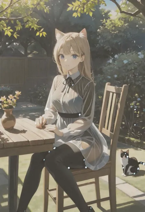 blue sky, sunlit, weak light and shadows, tree, in the beautiful bloom garden, 1woman with beautiful face, see-through dress shirt an black leggings, she is sitting on wood long chair with on one cat