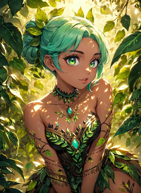 A fascinating fairy tale with a beautiful face wearing a dress made from leaves and vines, muscular legs, aggressive look, amazon warrior, tribal, wearing necklage made with fangs, topless, tribal face painting, indigenous, (masterpiece), best quality, highres, 4k, 8k, intricate detail, cinematic lighting, amazing quality, amazing shading, soft lighting, Detailed Illustration, official artwork, anime style, wallpaper, official art, 35mm, analog style, a realistic photo, film grain, (photorealistic:0.6), taken by a canon eos r5, ultra detailed skin, ultra detailed face, perfect eyes, small skin imperfections, chromatic aberration, colorful, bright colors,, 1girl, Updo, small boobs, flat chest, Stocky body, silver eyes, Mint green hair