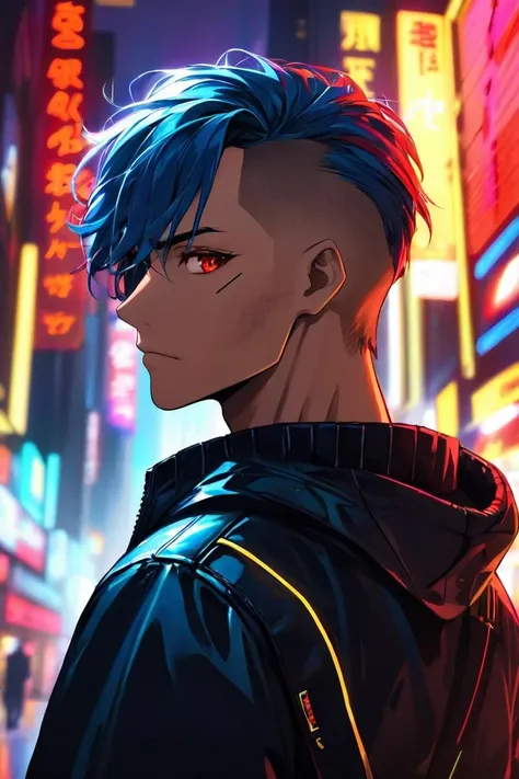 a muscular man, wearing cyberpunk clothes, walking, colored hair, red eyes,  
neon lights, chromatic aberration, dynamic angle,
colorful background, cyberpunk city in background, high definition photo, ultra detailed skin, ultra detailed face, small skin imperfections