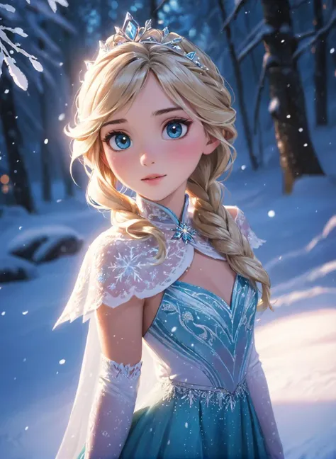 princess elsa from frozen, snowflakes, full body, (masterpiece), best quality, highres, 4k, 8k, intricate detail, cinematic lighting, amazing quality, amazing shading, soft lighting, ultra detailed skin, ultra detailed face, perfect eyes, small skin imperfections, 35mm, analog style, a realistic photo, film grain, (photorealistic:0.6), taken by a canon eos r5