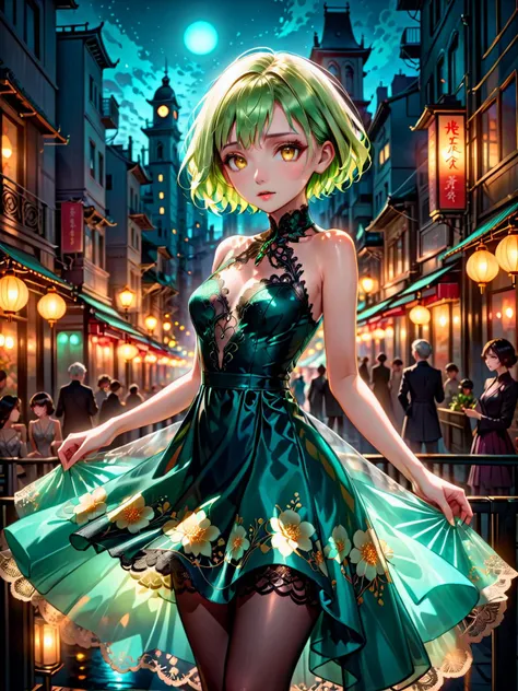 ultra-detailed, gorgeous, short jade-dyed hair, golden eyes, fantasy style dress, blushing, confident expression and pose, city backdrop, high stylization, depth of field, bokeh effect, backlit, stylish, elegant, breathtaking visual richness, full body shot, masterpiece, Art Nouveau influences, Yoshitaka Amano-inspired ethereal beauty, Alphonse Mucha-style intricate floral patterns, cyberpunk neon cityscape, delicate lace and silk textures, whimsical yet dark atmosphere, surreal Tim Burton-esque architecture, glowing accents, otherworldly aura, provoking yet mysterious demeanor