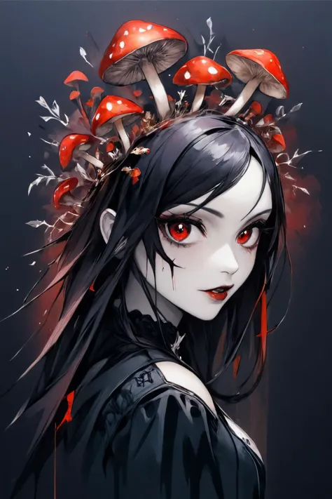 girl, goth vampire, pretty mushroom, bloody, portrait, looking left, sharp, background dark vampire style, amazing depth,high resolution, ink painting, black red
<lora:Mushroom_Portrait_V1:1>