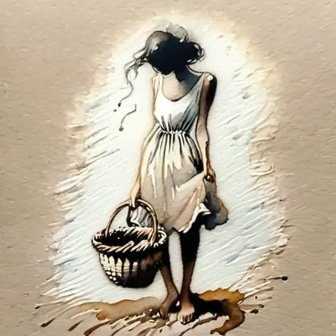 A young woman stands contemplatively in front of a storefront, pondering her choices. She wears a light sundress, and at her feet, a small basket awaits to be filled. Capture the moment of decision, the softness of the fabric, and evoke the anticipation of the purchase with subtle details<lora:Milo_Manara_Style_Concept:1> <lora:linquivera:0.8> linquivera, liiv1 <lora:SDXLInkStains:1> Inkstains <lora:NicolaSamori:0.8> <lora:EnvyStylizedXL02:0.8> <lora:Ink_drawing_style:1> <lora:v0ng44g005:1>