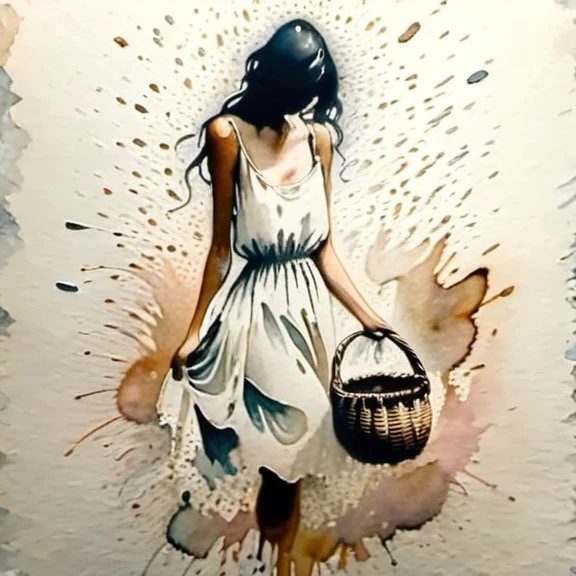 A young woman stands contemplatively in front of a storefront, pondering her choices. She wears a light sundress, and at her feet, a small basket awaits to be filled. Capture the moment of decision, the softness of the fabric, and evoke the anticipation of the purchase with subtle details<lora:Milo_Manara_Style_Concept:1> <lora:linquivera:0.8> linquivera, liiv1 <lora:SDXLInkStains:1> Inkstains <lora:NicolaSamori:0.8> <lora:EnvyStylizedXL02:0.8> <lora:Ink_drawing_style:1>